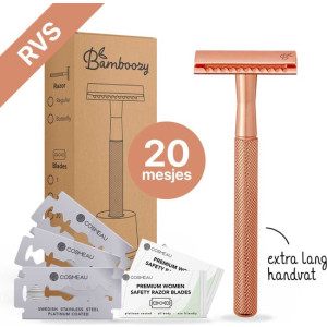 Bamboozy Safety Razor RVS + 20 Scheermesjes Rose Gold Goud voor Vrouwen Dames Zero Waste Duurzaam Scheermesje Veiligheidsscheermes