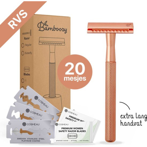 Bamboozy Safety Razor RVS + 20 Scheermesjes Rose Gold Goud voor Vrouwen Dames Zero Waste Duurzaam Scheermesje Veiligheidsscheermes