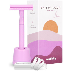 ecotivity® Safety Razor Scheermesjes voor Vrouwen met 10 Double Edge Scheermesjes - Dubbelzijdig Klassiek Scheermes met Houder - Pastel Purple