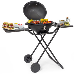 KitchenBrothers Elektrische BBQ - met Grillplaat - Opvouwbaar met Wielen - Anti-aanbaklaag - Incl. Plank/Houders - Grilloppervlak 46,5x33,8cm - tot 250°C - 2400W - Zwart