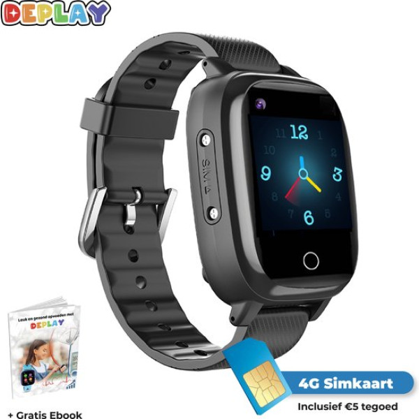 DEPLAY 4G KidsWatch - Smartwatch Kinderen - GPS Tracker - Hartslag en Bloeddrukmeter- Videobellen - Camera - (Spat)Waterproof - Inclusief simkaart en E-Book - Zwart